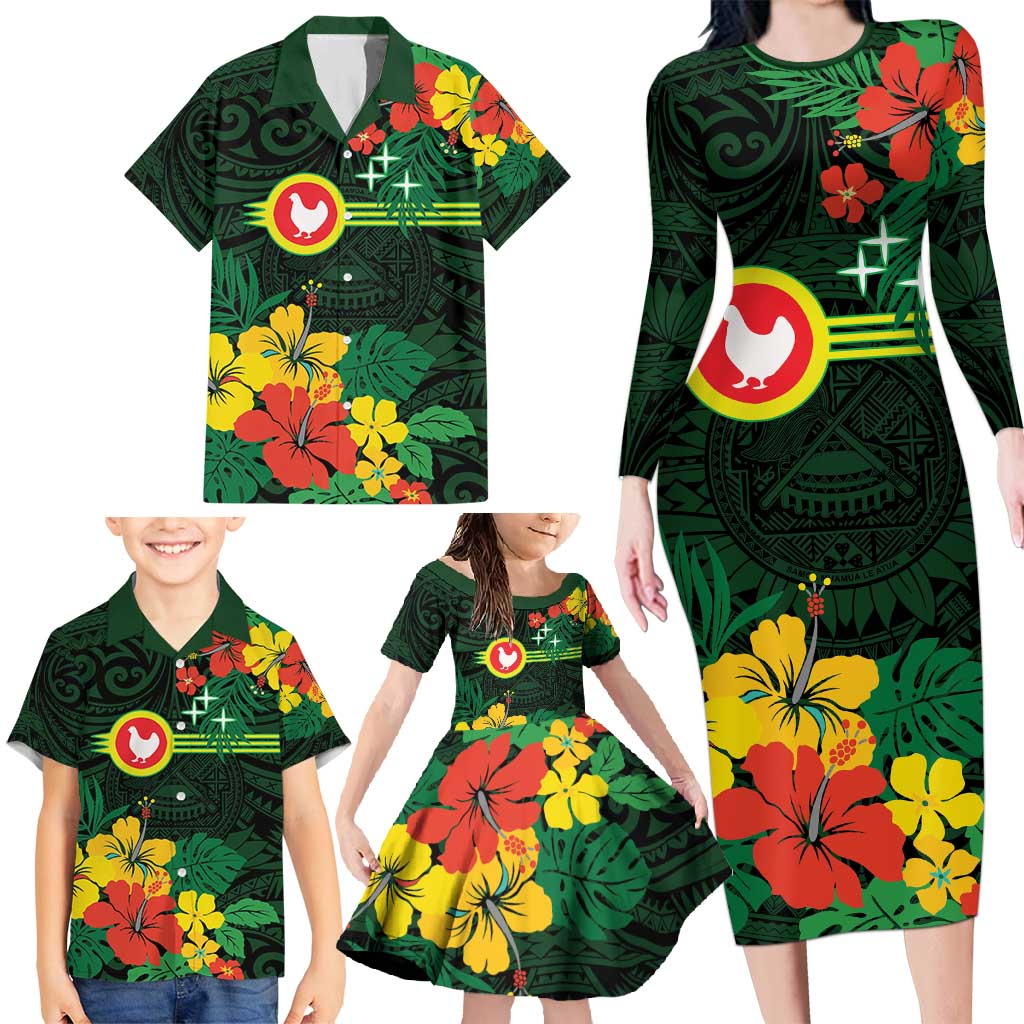 American Samoa Manu'atele Personalized Family Matching Long Sleeve Bodycon Dress and Hawaiian Shirt Manua Island Hibiscus Flowers