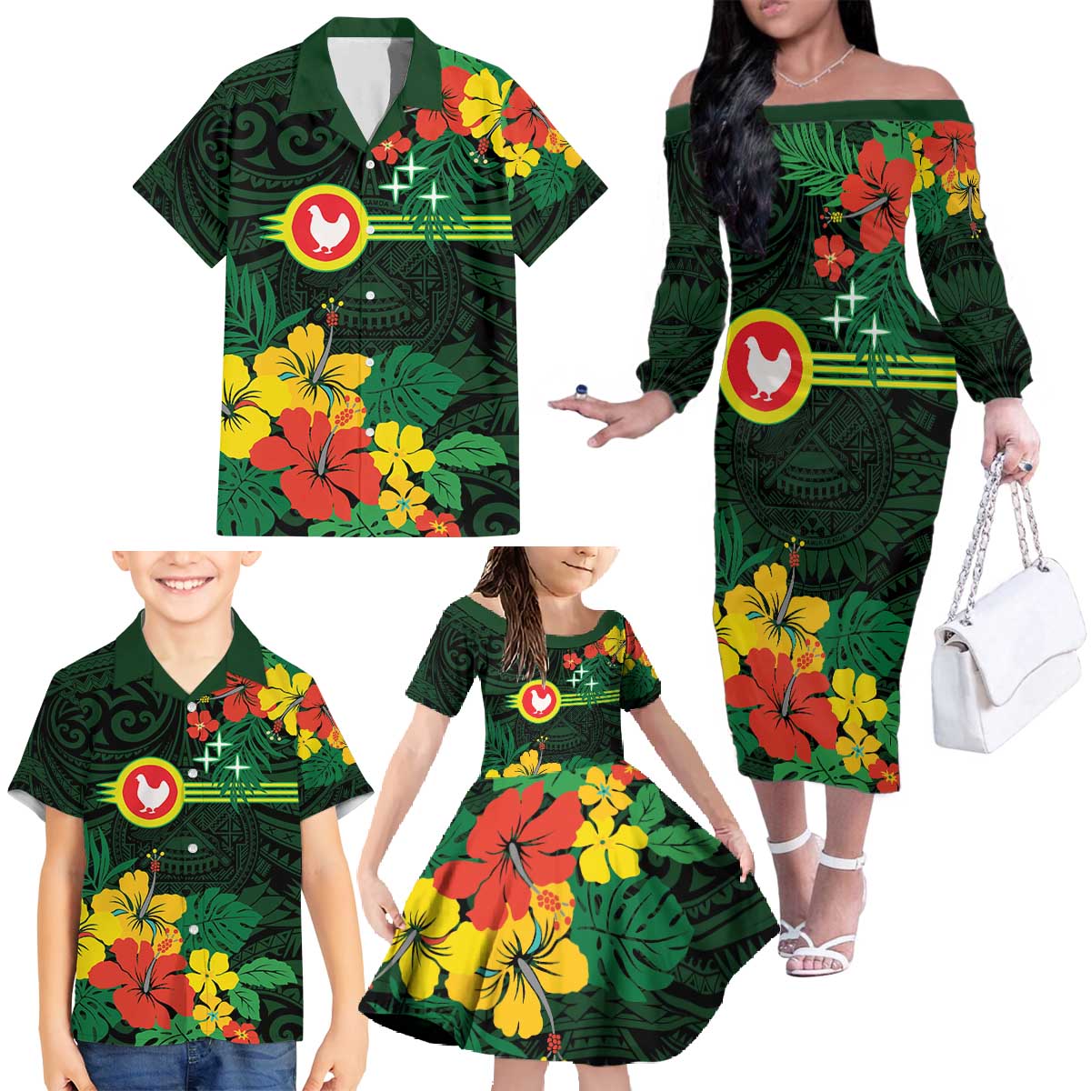 American Samoa Manu'atele Personalized Family Matching Off The Shoulder Long Sleeve Dress and Hawaiian Shirt Manua Island Hibiscus Flowers