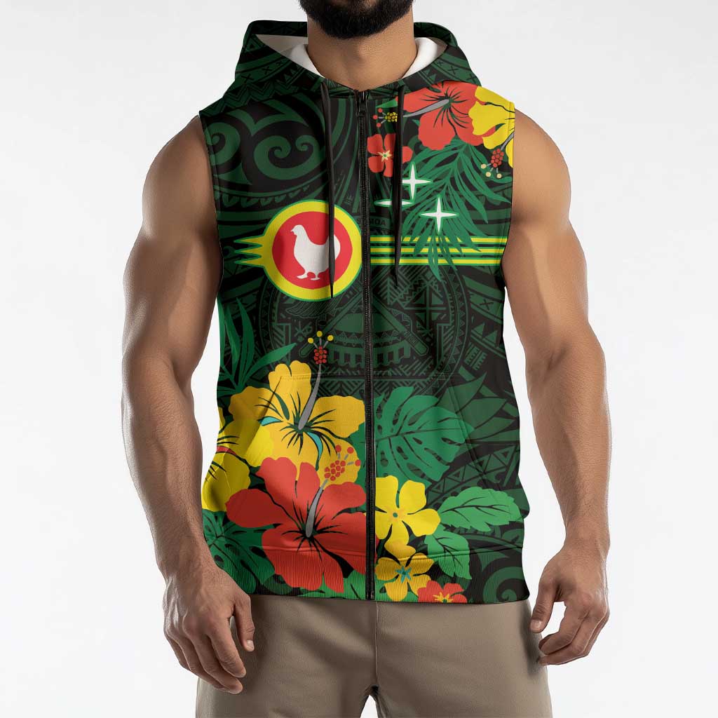 American Samoa Manu'atele Personalized Sleeveless Zip Hoodie Manua Island Hibiscus Flowers LT9 - Polynesian Pride