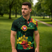 American Samoa Manu'atele Personalized Zipper Polo Shirt Manua Island Hibiscus Flowers - Polynesian Pride