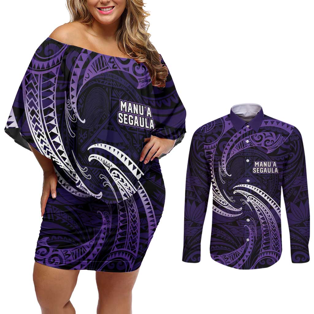 Manua Segaula American Samoa High School Personalized Couples Matching Off Shoulder Short Dress and Long Sleeve Button Shirt Polynesian Wave Style