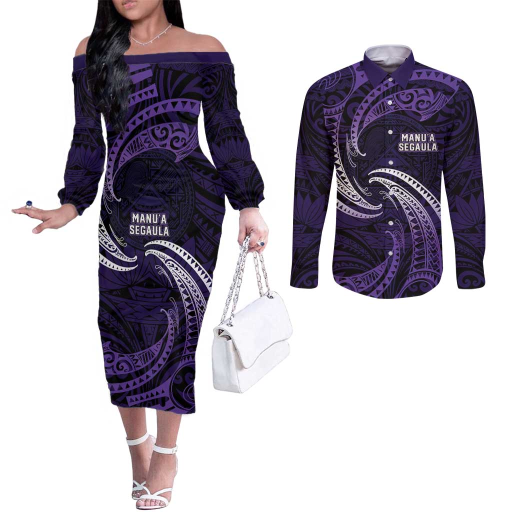 Manua Segaula American Samoa High School Personalized Couples Matching Off The Shoulder Long Sleeve Dress and Long Sleeve Button Shirt Polynesian Wave Style