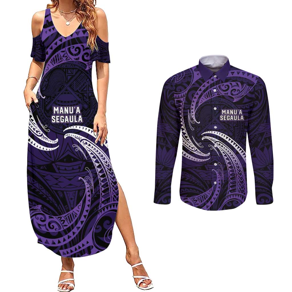 Manua Segaula American Samoa High School Personalized Couples Matching Summer Maxi Dress and Long Sleeve Button Shirt Polynesian Wave Style