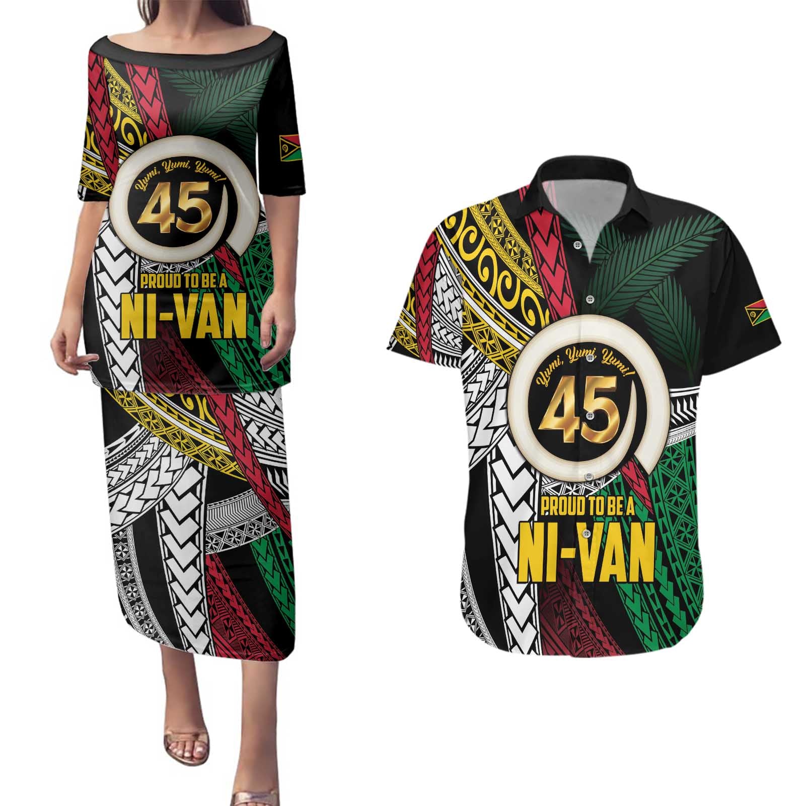Ni-Van Vanuatu 45th Yumi Yumi Yumi Couples Matching Puletasi and Hawaiian Shirt Vanuatuan Boar Tusk Polynesian Pattern