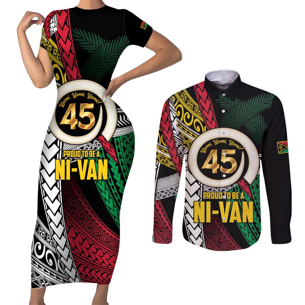 Ni-Van Vanuatu 45th Yumi Yumi Yumi Couples Matching Short Sleeve Bodycon Dress and Long Sleeve Button Shirt Vanuatuan Boar Tusk Polynesian Pattern
