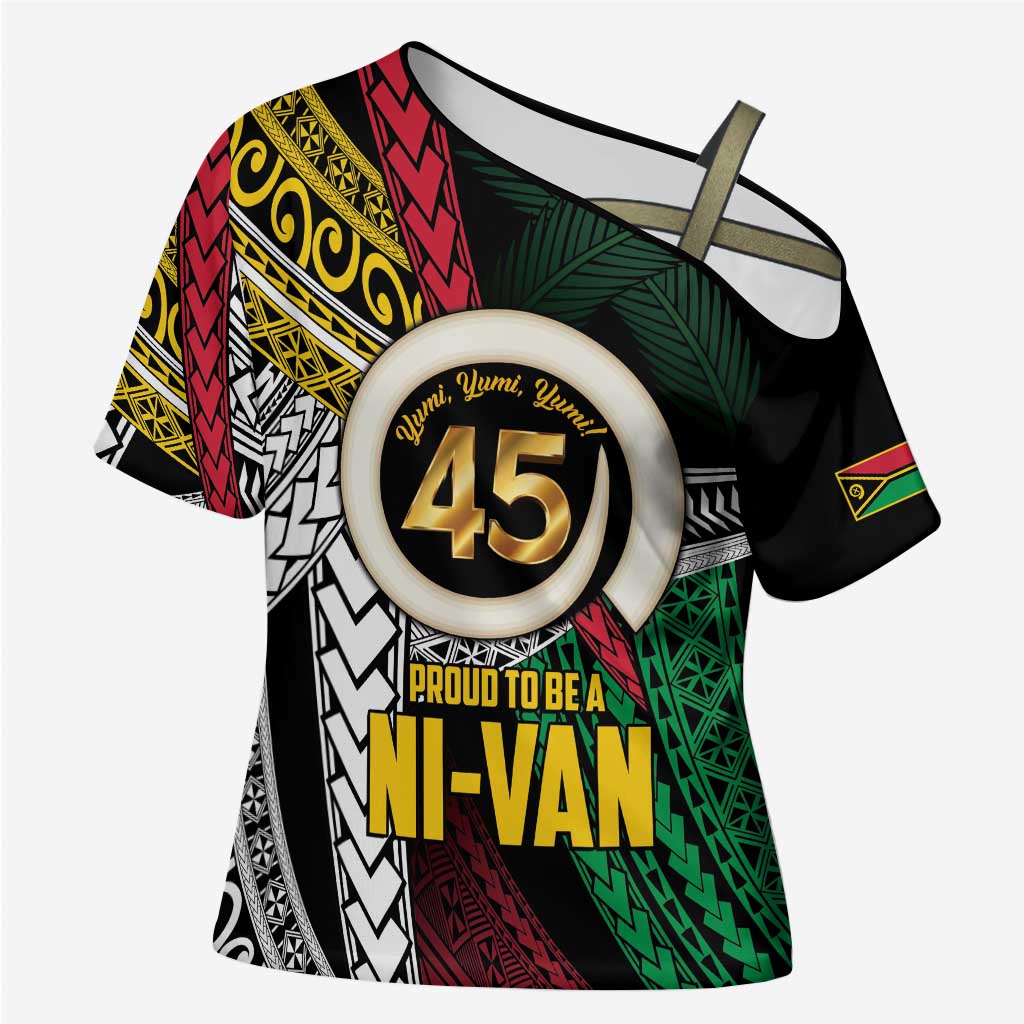 Ni-Van Vanuatu 45th Yumi Yumi Yumi Cross Shoulder Shirt Vanuatuan Boar Tusk Polynesian Pattern - Polynesian Pride