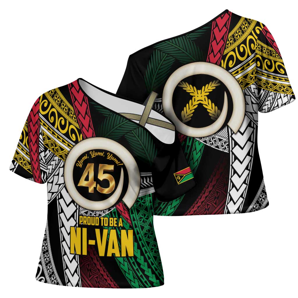 Ni-Van Vanuatu 45th Yumi Yumi Yumi Cross Shoulder Shirt Vanuatuan Boar Tusk Polynesian Pattern - Polynesian Pride