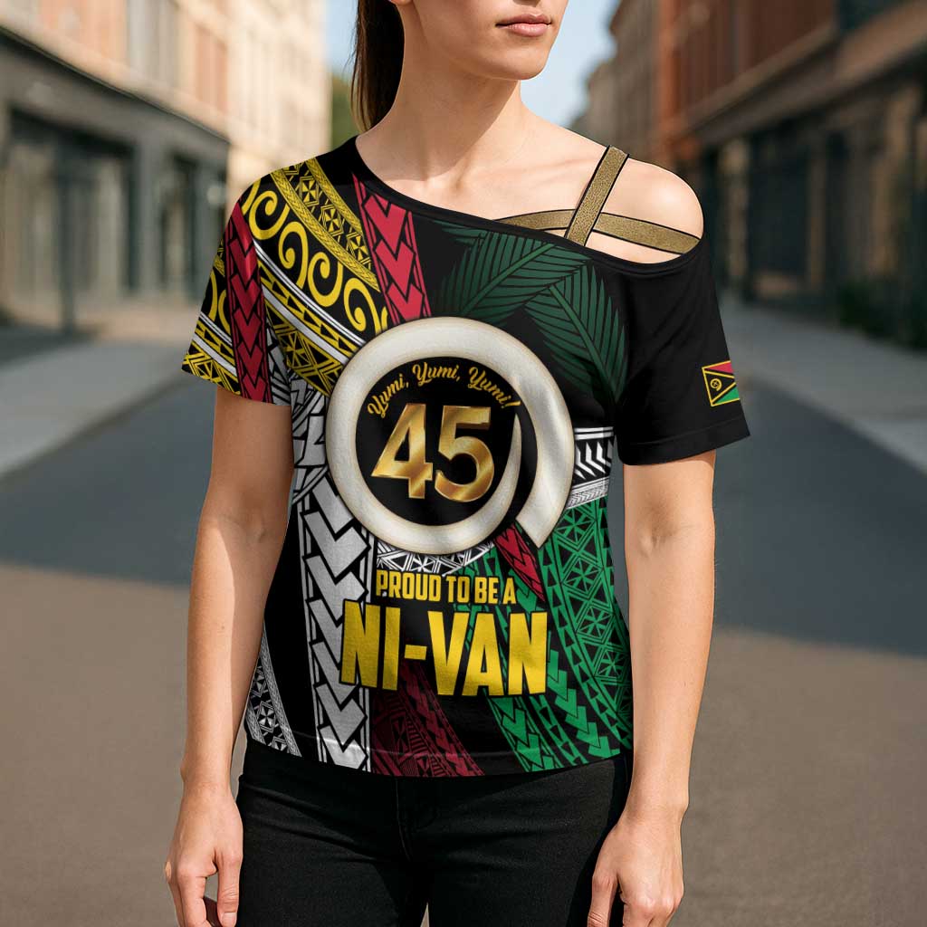 Ni-Van Vanuatu 45th Yumi Yumi Yumi Cross Shoulder Shirt Vanuatuan Boar Tusk Polynesian Pattern - Polynesian Pride