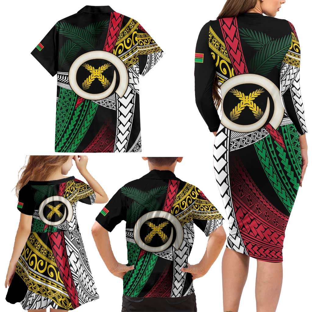 Ni-Van Vanuatu 45th Yumi Yumi Yumi Family Matching Long Sleeve Bodycon Dress and Hawaiian Shirt Vanuatuan Boar Tusk Polynesian Pattern