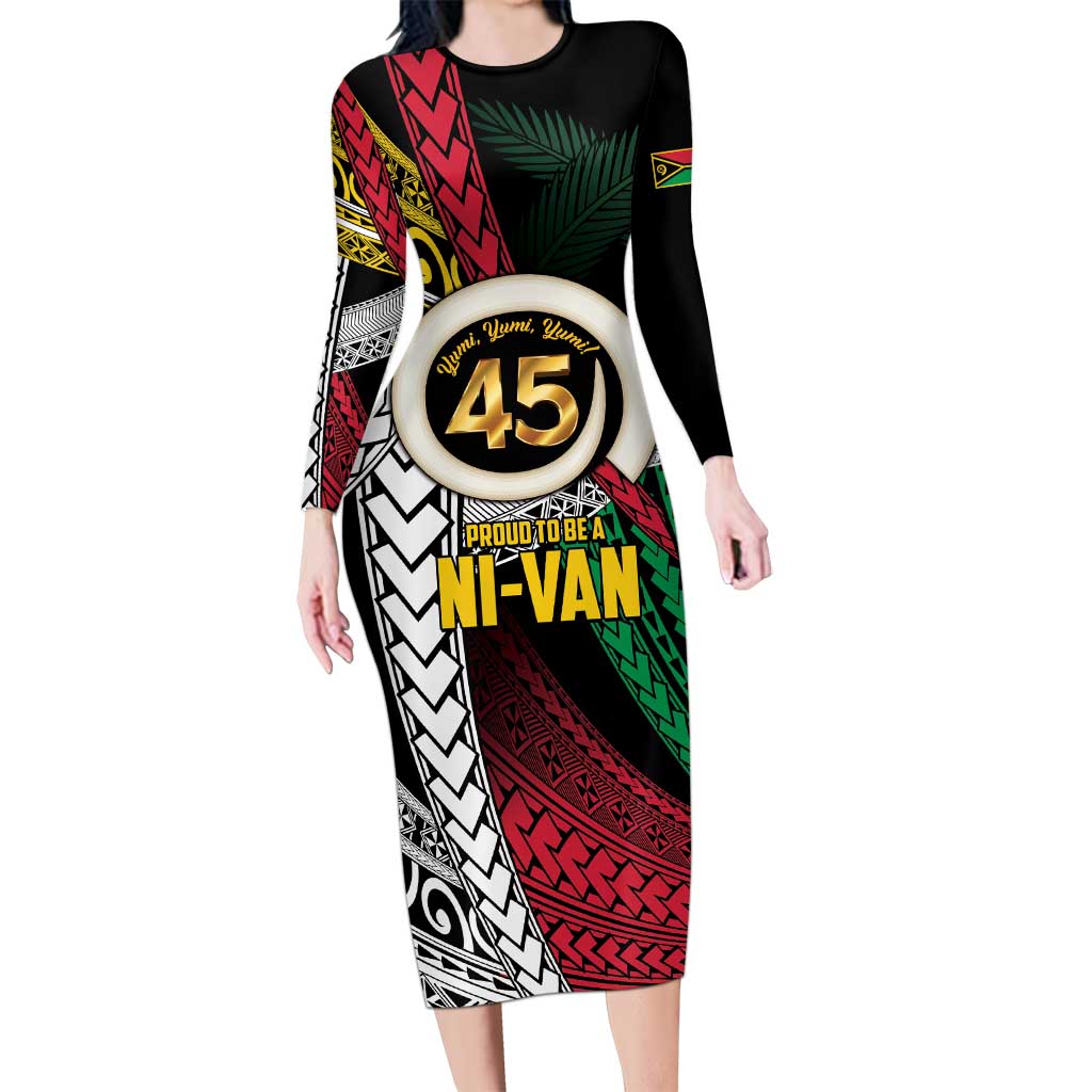Ni-Van Vanuatu 45th Yumi Yumi Yumi Family Matching Long Sleeve Bodycon Dress and Hawaiian Shirt Vanuatuan Boar Tusk Polynesian Pattern