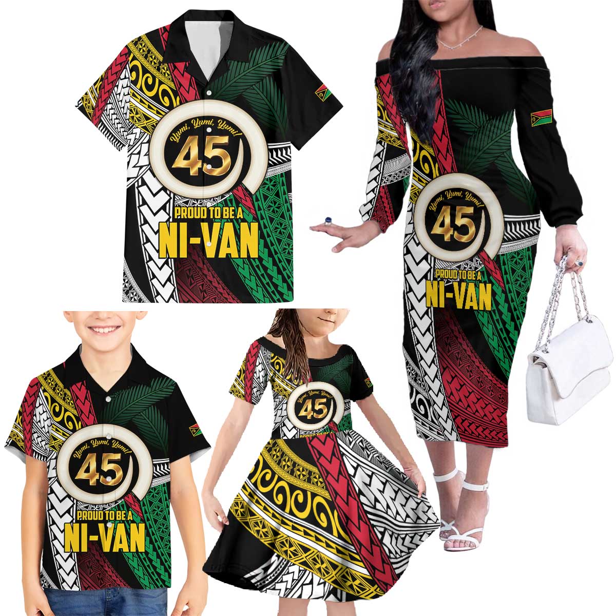 Ni-Van Vanuatu 45th Yumi Yumi Yumi Family Matching Off The Shoulder Long Sleeve Dress and Hawaiian Shirt Vanuatuan Boar Tusk Polynesian Pattern