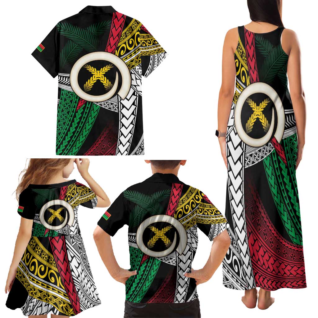 Ni-Van Vanuatu 45th Yumi Yumi Yumi Family Matching Tank Maxi Dress and Hawaiian Shirt Vanuatuan Boar Tusk Polynesian Pattern