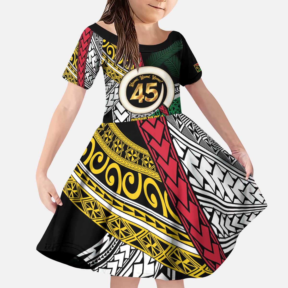 Ni-Van Vanuatu 45th Yumi Yumi Yumi Kid Short Sleeve Dress Vanuatuan Boar Tusk Polynesian Pattern