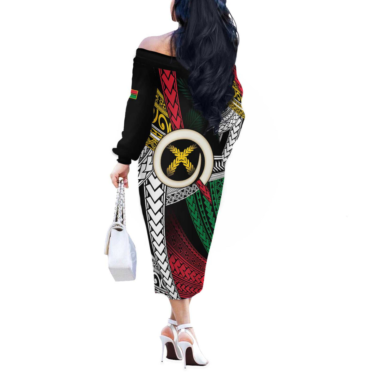 Ni-Van Vanuatu 45th Yumi Yumi Yumi Off The Shoulder Long Sleeve Dress Vanuatuan Boar Tusk Polynesian Pattern