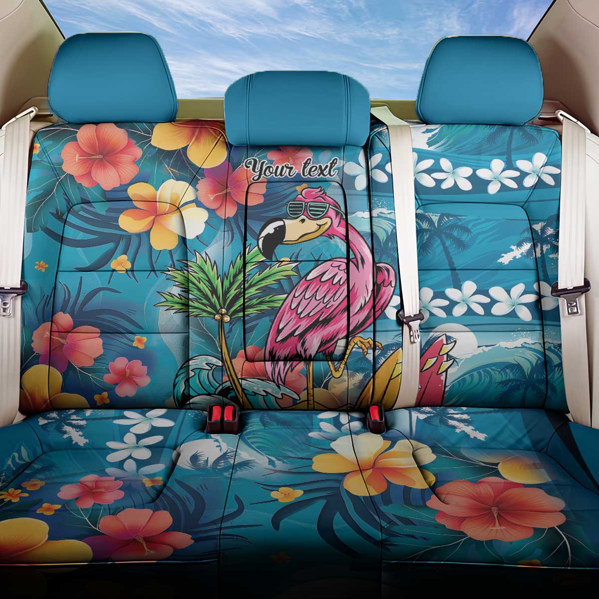 Hawaiian Flamingo Hibiscus Personalised Back Car Seat Cover Blue Summer Tropical Flowers - Polynesian Pride
