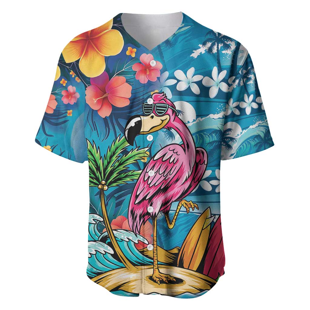 Hawaiian Flamingo Hibiscus Personalised Baseball Jersey Blue Summer Tropical Flowers - Polynesian Pride