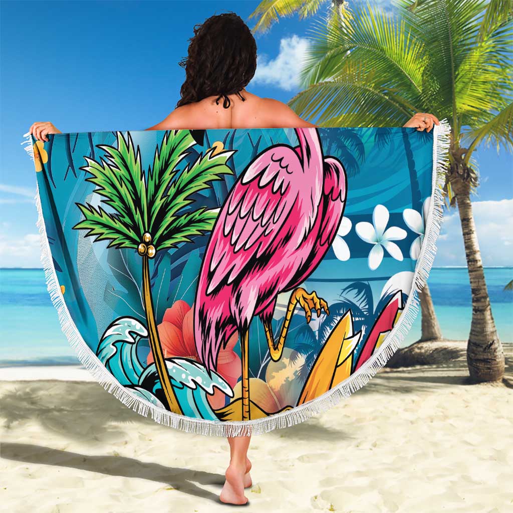 Hawaiian Flamingo Hibiscus Personalised Beach Blanket Blue Summer Tropical Flowers - Polynesian Pride