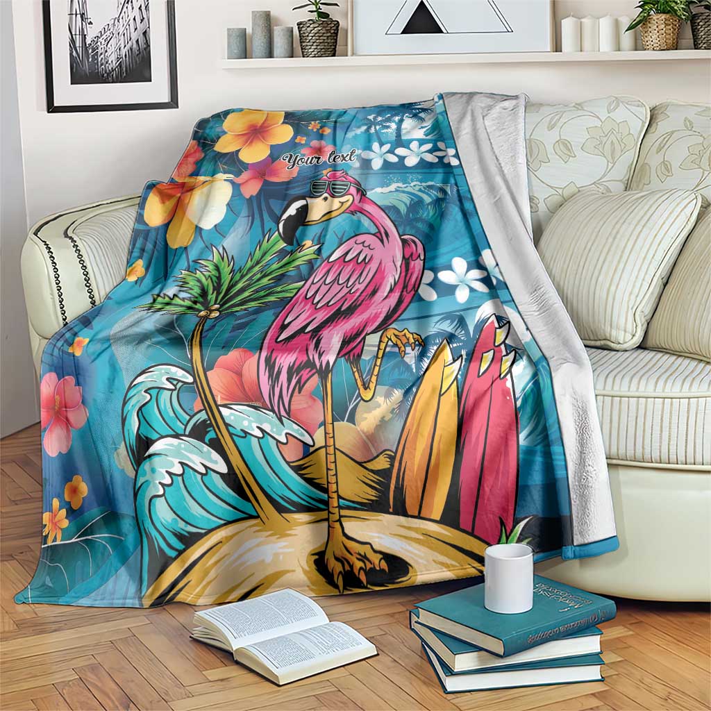 Hawaiian Flamingo Hibiscus Personalised Blanket Blue Summer Tropical Flowers - Polynesian Pride