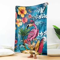 Hawaiian Flamingo Hibiscus Personalised Blanket Blue Summer Tropical Flowers - Polynesian Pride