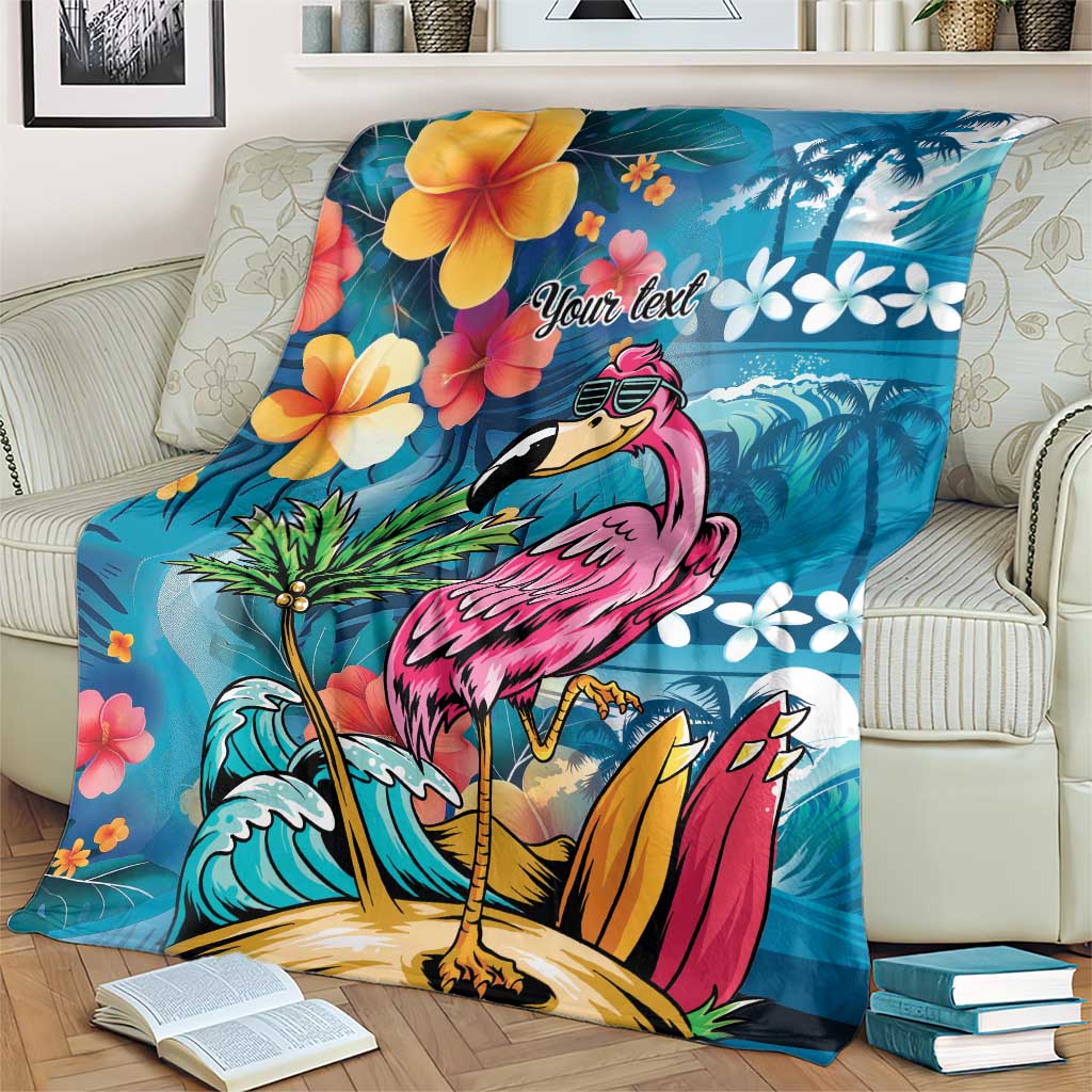 Hawaiian Flamingo Hibiscus Personalised Blanket Blue Summer Tropical Flowers - Polynesian Pride