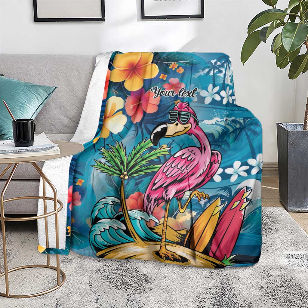 Hawaiian Flamingo Hibiscus Personalised Blanket Blue Summer Tropical Flowers - Polynesian Pride