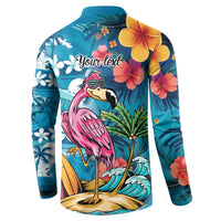 Hawaiian Flamingo Hibiscus Personalised Button Sweatshirt Blue Summer Tropical Flowers LT9 - Polynesian Pride