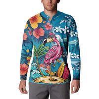 Hawaiian Flamingo Hibiscus Personalised Button Sweatshirt Blue Summer Tropical Flowers LT9 - Polynesian Pride
