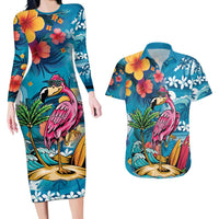 Hawaiian Flamingo Hibiscus Personalised Couples Matching Long Sleeve Bodycon Dress and Hawaiian Shirt Blue Summer Tropical Flowers - Polynesian Pride