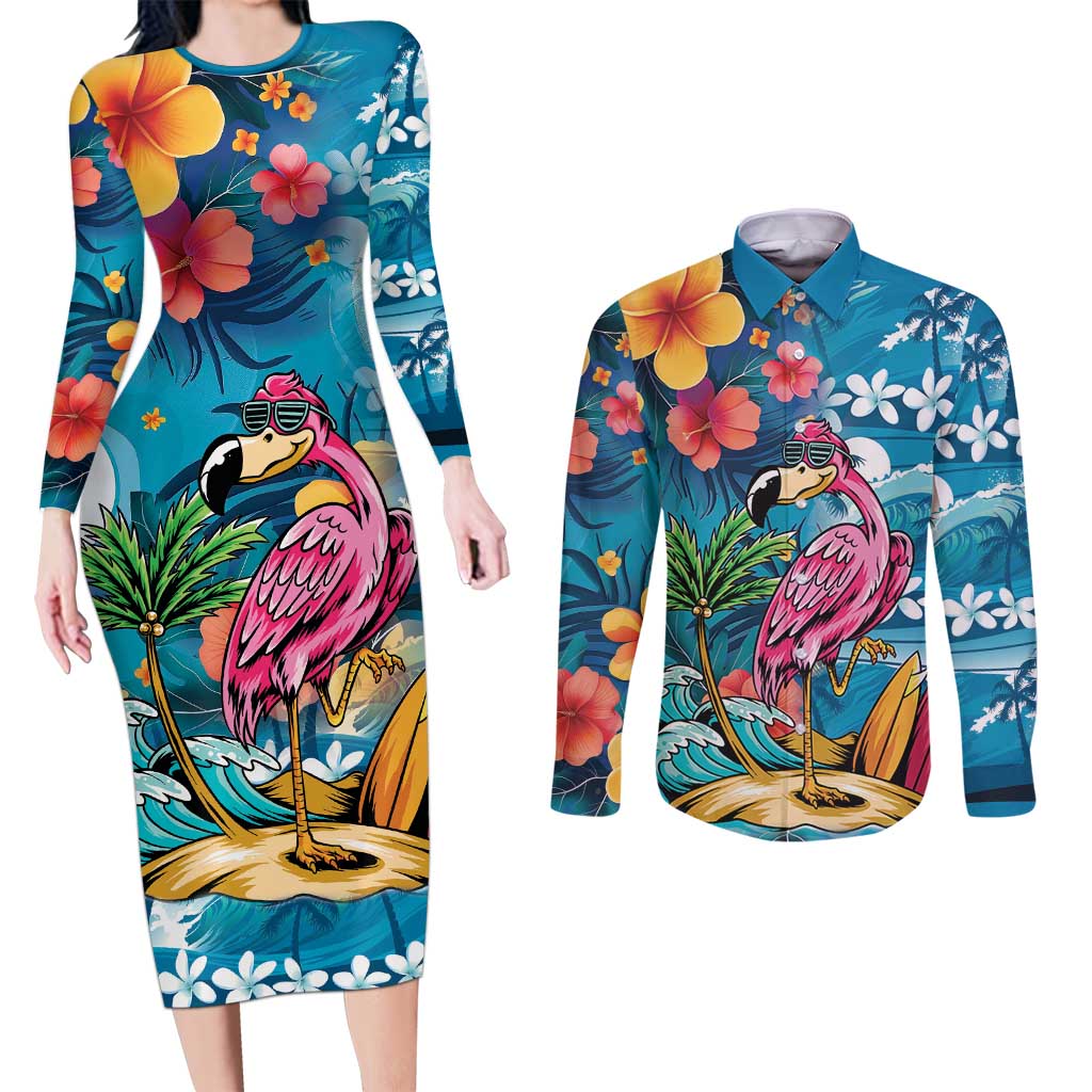 Hawaiian Flamingo Hibiscus Personalised Couples Matching Long Sleeve Bodycon Dress and Long Sleeve Button Shirt Blue Summer Tropical Flowers - Polynesian Pride