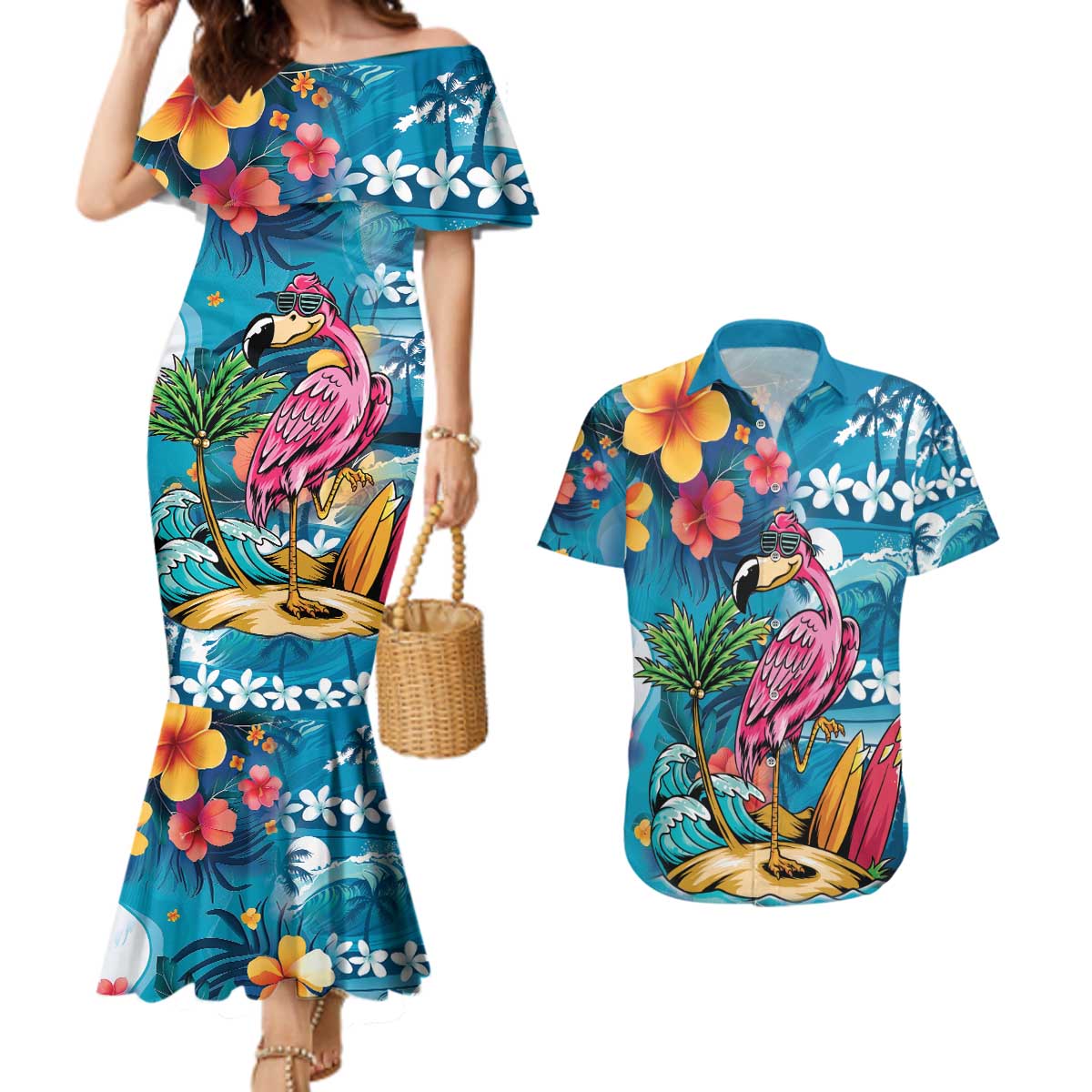 Hawaiian Flamingo Hibiscus Personalised Couples Matching Mermaid Dress and Hawaiian Shirt Blue Summer Tropical Flowers - Polynesian Pride