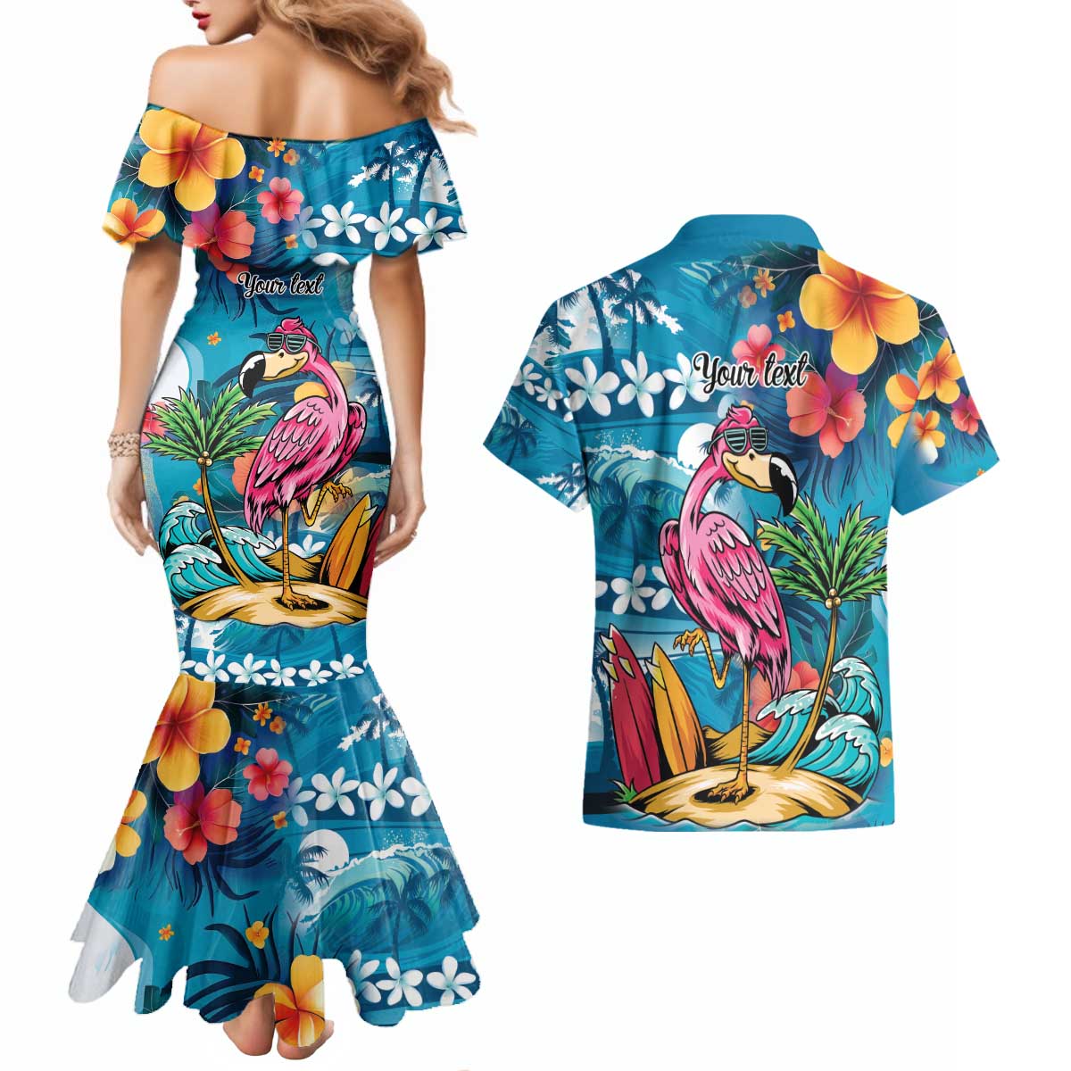 Hawaiian Flamingo Hibiscus Personalised Couples Matching Mermaid Dress and Hawaiian Shirt Blue Summer Tropical Flowers - Polynesian Pride