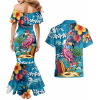 Hawaiian Flamingo Hibiscus Personalised Couples Matching Mermaid Dress and Hawaiian Shirt Blue Summer Tropical Flowers - Polynesian Pride