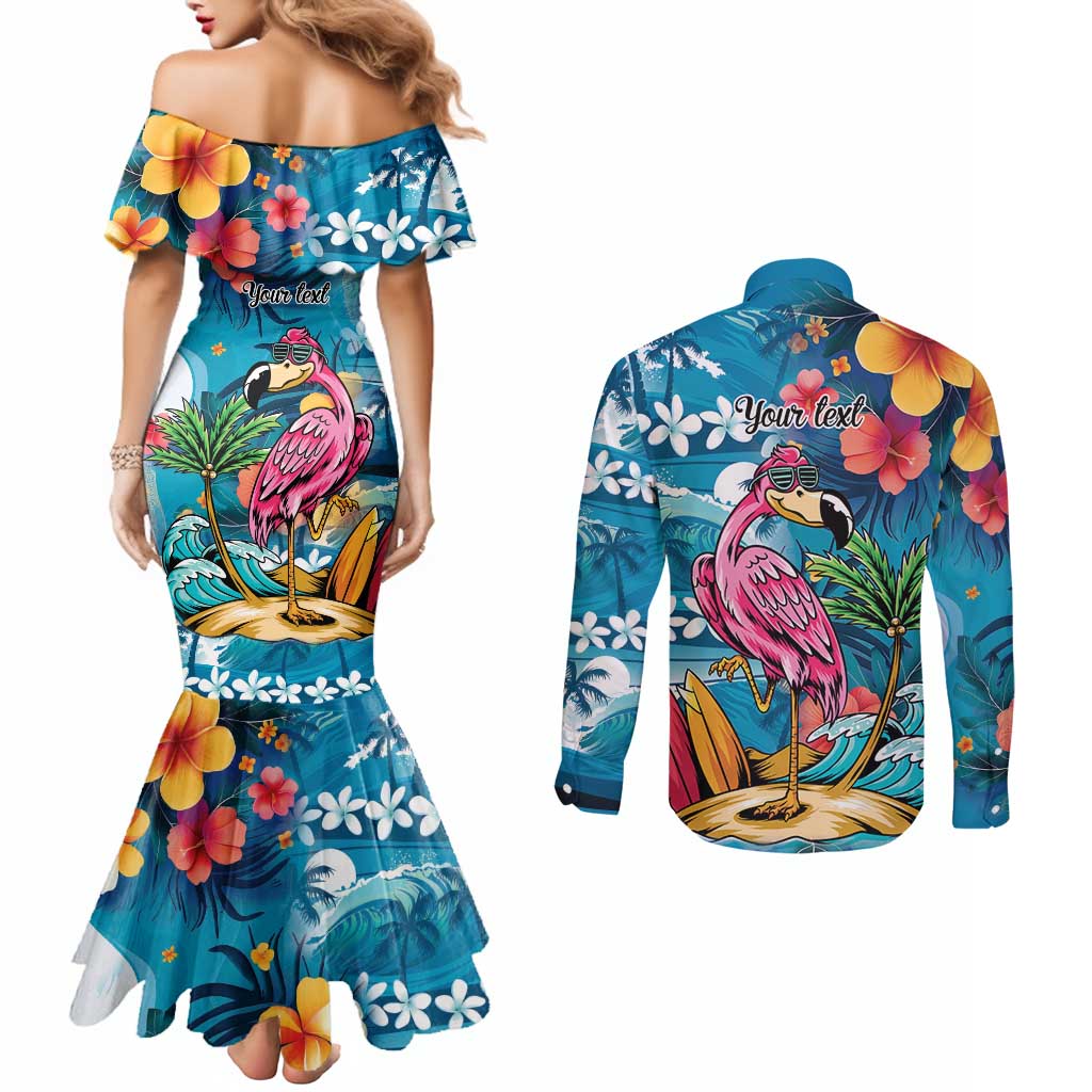 Hawaiian Flamingo Hibiscus Personalised Couples Matching Mermaid Dress and Long Sleeve Button Shirt Blue Summer Tropical Flowers - Polynesian Pride
