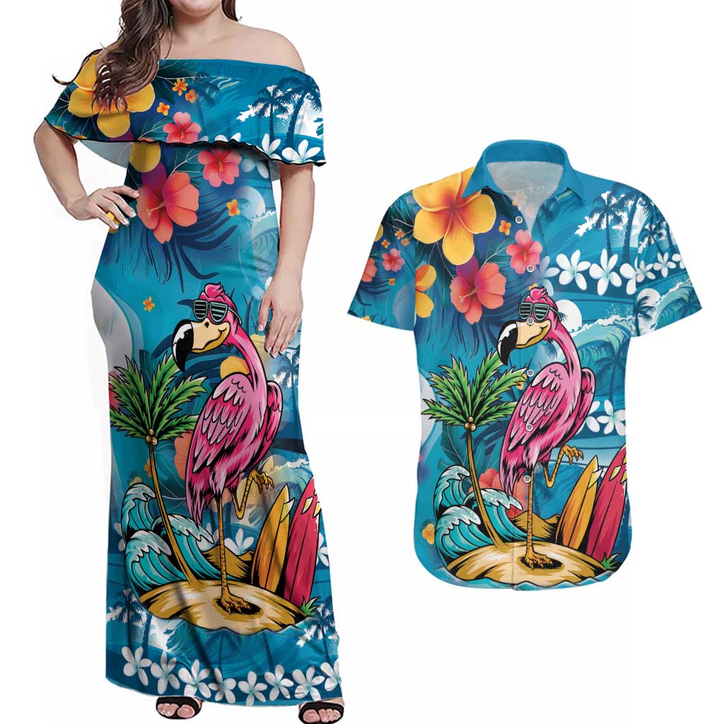 Hawaiian Flamingo Hibiscus Personalised Couples Matching Off Shoulder Maxi Dress and Hawaiian Shirt Blue Summer Tropical Flowers - Polynesian Pride