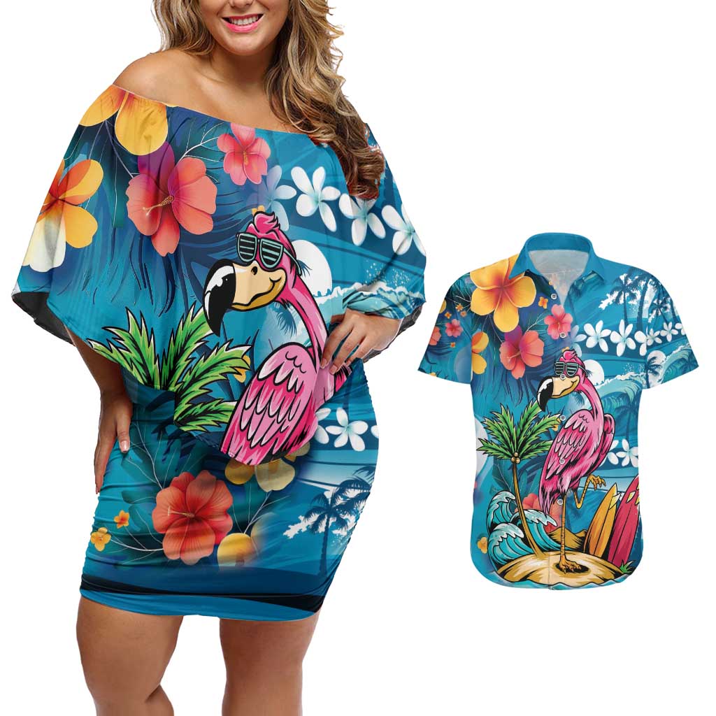 Hawaiian Flamingo Hibiscus Personalised Couples Matching Off Shoulder Short Dress and Hawaiian Shirt Blue Summer Tropical Flowers - Polynesian Pride