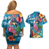 Hawaiian Flamingo Hibiscus Personalised Couples Matching Off Shoulder Short Dress and Hawaiian Shirt Blue Summer Tropical Flowers - Polynesian Pride