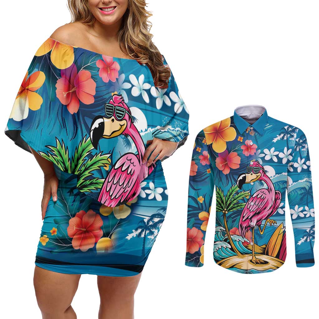 Hawaiian Flamingo Hibiscus Personalised Couples Matching Off Shoulder Short Dress and Long Sleeve Button Shirt Blue Summer Tropical Flowers - Polynesian Pride