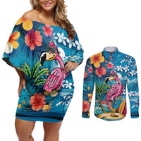 Hawaiian Flamingo Hibiscus Personalised Couples Matching Off Shoulder Short Dress and Long Sleeve Button Shirt Blue Summer Tropical Flowers - Polynesian Pride