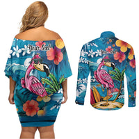 Hawaiian Flamingo Hibiscus Personalised Couples Matching Off Shoulder Short Dress and Long Sleeve Button Shirt Blue Summer Tropical Flowers - Polynesian Pride