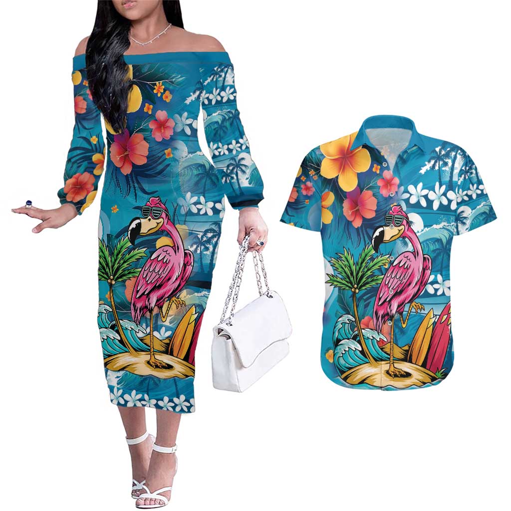 Hawaiian Flamingo Hibiscus Personalised Couples Matching Off The Shoulder Long Sleeve Dress and Hawaiian Shirt Blue Summer Tropical Flowers - Polynesian Pride