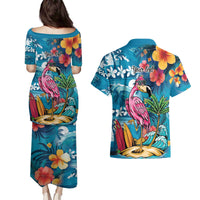 Hawaiian Flamingo Hibiscus Personalised Couples Matching Puletasi and Hawaiian Shirt Blue Summer Tropical Flowers - Polynesian Pride
