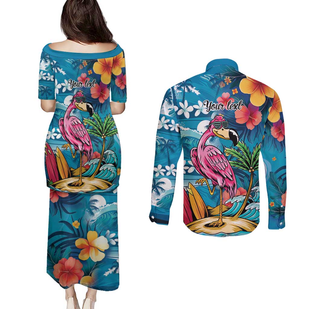 Hawaiian Flamingo Hibiscus Personalised Couples Matching Puletasi and Long Sleeve Button Shirt Blue Summer Tropical Flowers - Polynesian Pride