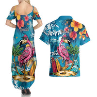 Hawaiian Flamingo Hibiscus Personalised Couples Matching Summer Maxi Dress and Hawaiian Shirt Blue Summer Tropical Flowers - Polynesian Pride