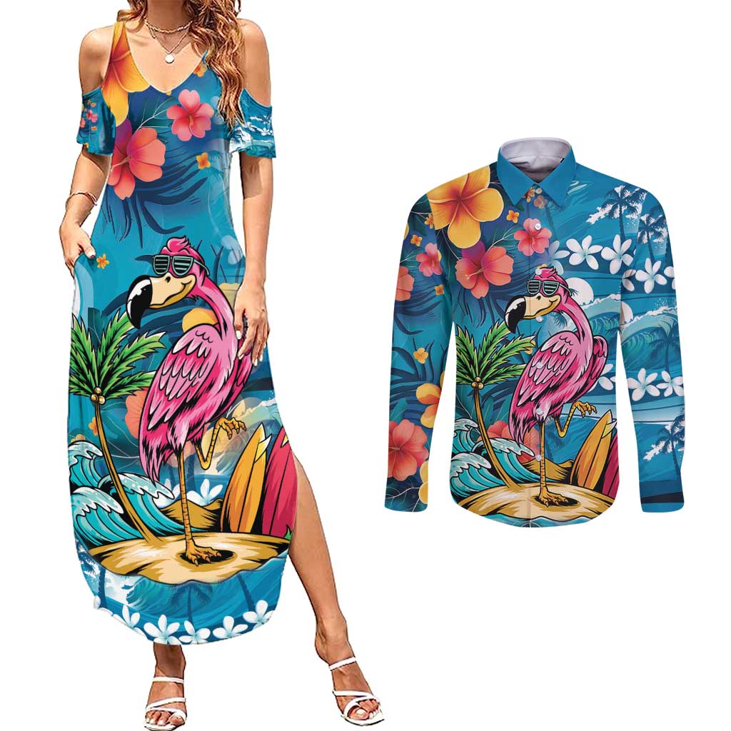 Hawaiian Flamingo Hibiscus Personalised Couples Matching Summer Maxi Dress and Long Sleeve Button Shirt Blue Summer Tropical Flowers - Polynesian Pride
