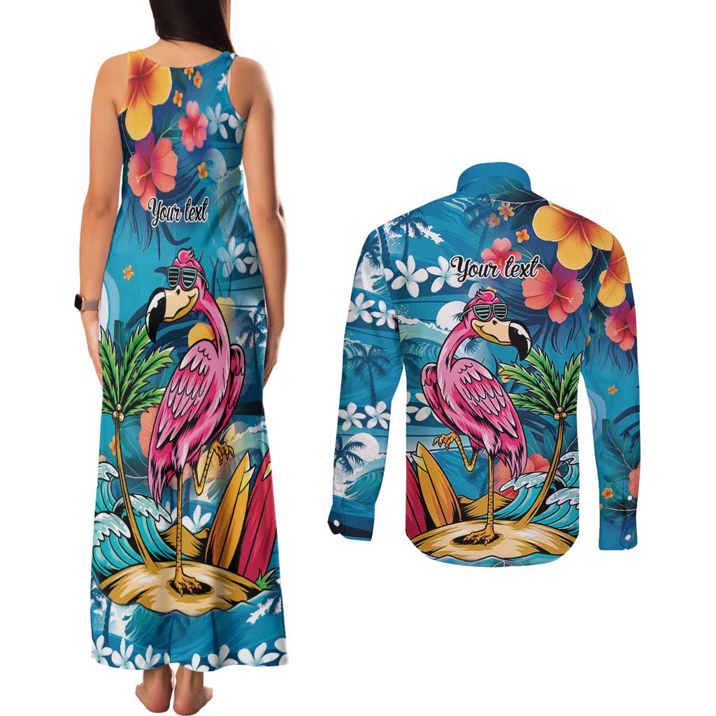 Hawaiian Flamingo Hibiscus Personalised Couples Matching Tank Maxi Dress and Long Sleeve Button Shirt Blue Summer Tropical Flowers - Polynesian Pride