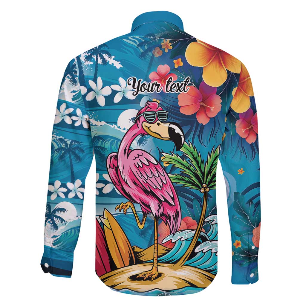 Hawaiian Flamingo Hibiscus Personalised Family Matching Long Sleeve Bodycon Dress and Hawaiian Shirt Blue Summer Tropical Flowers - Polynesian Pride