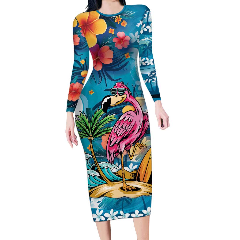 Hawaiian Flamingo Hibiscus Personalised Family Matching Long Sleeve Bodycon Dress and Hawaiian Shirt Blue Summer Tropical Flowers - Polynesian Pride