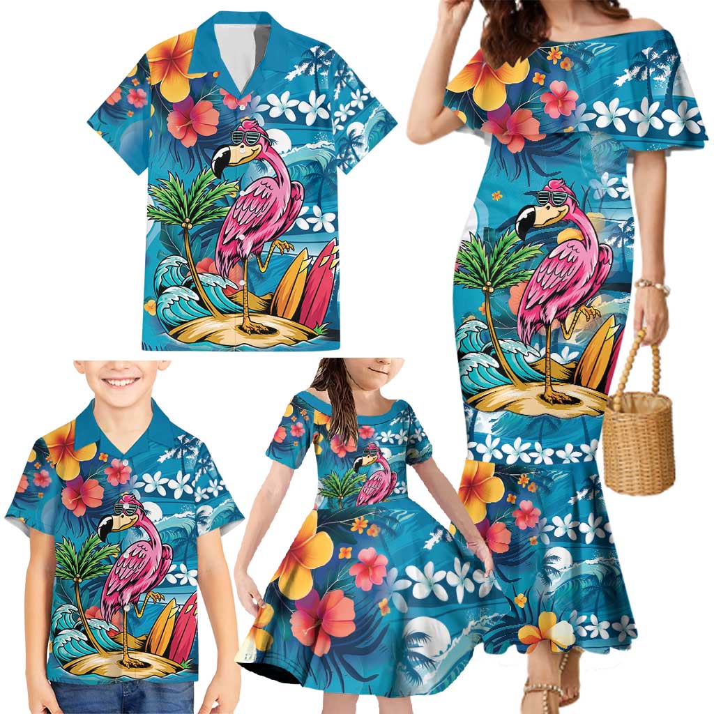 Hawaiian Flamingo Hibiscus Personalised Family Matching Mermaid Dress and Hawaiian Shirt Blue Summer Tropical Flowers - Polynesian Pride