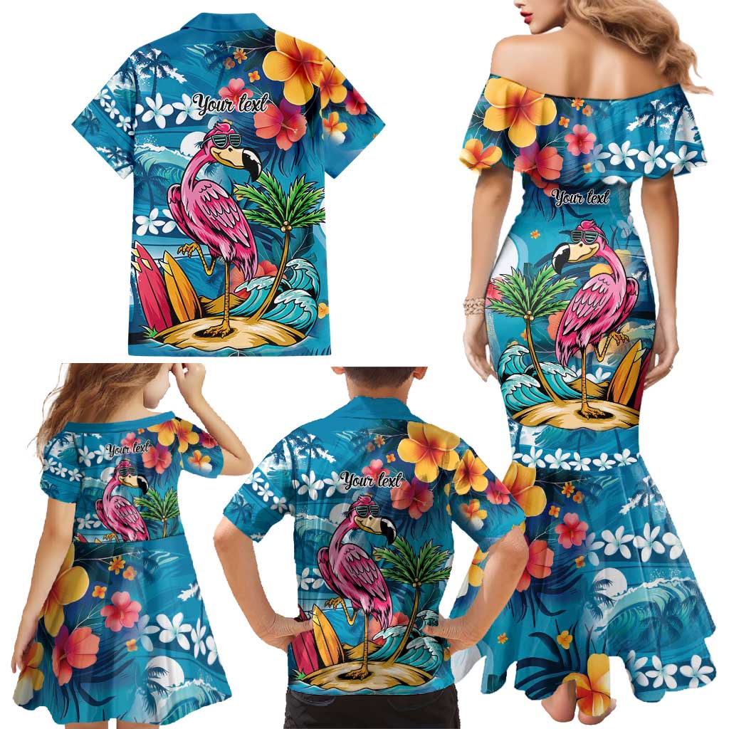 Hawaiian Flamingo Hibiscus Personalised Family Matching Mermaid Dress and Hawaiian Shirt Blue Summer Tropical Flowers - Polynesian Pride