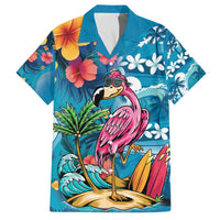 Hawaiian Flamingo Hibiscus Personalised Family Matching Off The Shoulder Long Sleeve Dress and Hawaiian Shirt Blue Summer Tropical Flowers - Polynesian Pride